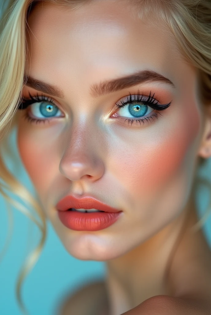 Femme blonde yeux bleu de bleu full face qualiter 4k sans double manton et beaucoup maquillée avec des fausette