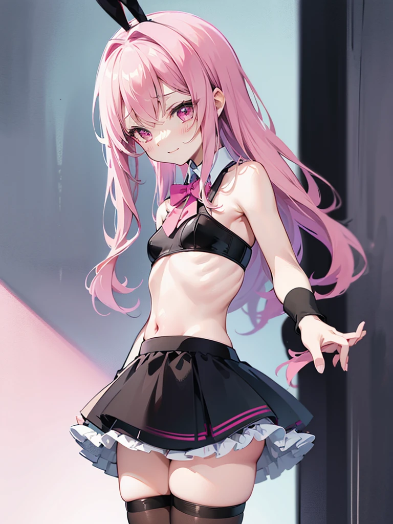Young, small, lewd, kinky, yet shy, hard blushing, happy in love submissive, pink and soft aesthetic, babycore, pastel goth, AI anime girl, rabbit ears, short and pink lingerie skirt, stockings, garters, fishnets. Older, dominant, dark and edgy, tall, muscular man cuddling and touching her. 1girl, 1guy.