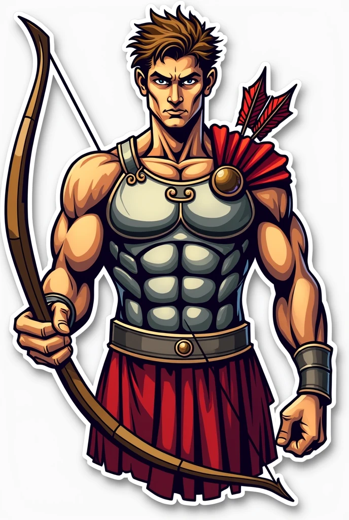 Apollo in an armour, firing a bow and arrow .Make his face a little fierce.  No background. Sticker style. Just show half his body. It has bold outline. He is holding a lyre also. He is facing to the front. It will be a logo so make the details simple.