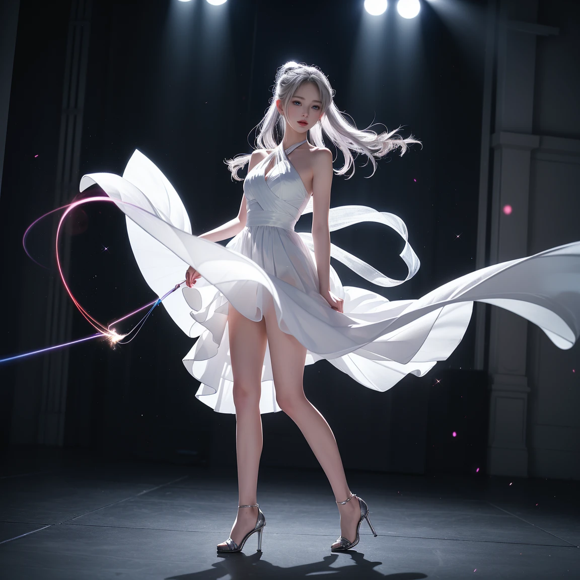 ((Girls standing on the stage in the main hall))、蛍光color、One Girl、Look to the side、Beautiful Face、Beautiful Eyes、(Big Blue Eyes)、(Silver dull hair)、Shiny Hair、Glowing Skin、Reduce glare、Finger Proportion Adjustment、Escrow、Bat View、(Dancing()、Dynamic Angle、(Master Parts)、(Highest quality)、(Ultra detail)、(An Illustration)、(Detailed light)、(Very delicate and beautiful)、Dramatic Shadows、Ray Tracing、reflection、超高画質 High resolution、(Master Parts)、(Highest quality)、(Ultra HD)。 High resolution、((Colorful hair and mesh))、Her hair flutters in the wind、(大きな深い青colorの目)、Silver Hair、haired woman、Sparkling Butterfly、Sparkling Butterfly、黒haired woman、Points of light around the woman、Magical Aura、緑colorの点、The nature of the aura、Magical Aura黒haired woman、((Translucent white one-shoulder dress:1. 3)、(Sleeveless)、(The skirt flutters in the wind)、(Searchlight)((color々Laser beam))、(I can see her white panties)(Full Body Shot)、(Long legs)、(High heels)、