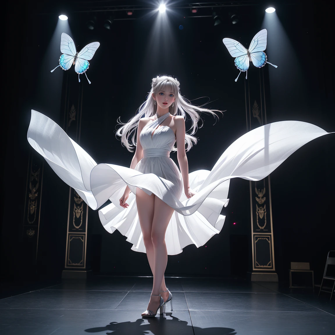 ((Girls standing on the stage in the main hall))、蛍光color、One Girl、Look to the side、Beautiful Face、Beautiful Eyes、(Big Blue Eyes)、(Silver dull hair)、Shiny Hair、Glowing Skin、Reduce glare、Finger Proportion Adjustment、Escrow、Bat View、(Dancing()、Dynamic Angle、(Master Parts)、(Highest quality)、(Ultra detail)、(An Illustration)、(Detailed light)、(Very delicate and beautiful)、Dramatic Shadows、Ray Tracing、reflection、超高画質 High resolution、(Master Parts)、(Highest quality)、(Ultra HD)。 High resolution、((Colorful hair and mesh))、Her hair flutters in the wind、(大きな深い青colorの目)、Silver Hair、haired woman、Sparkling Butterfly、Sparkling Butterfly、黒haired woman、Points of light around the woman、Magical Aura、緑colorの点、The nature of the aura、Magical Aura黒haired woman、((Translucent white one-shoulder dress:1. 3)、(Sleeveless)、(The skirt flutters in the wind)、(Searchlight)((color々Laser beam))、(I can see her white panties)(Full Body Shot)、(Long legs)、(High heels)、