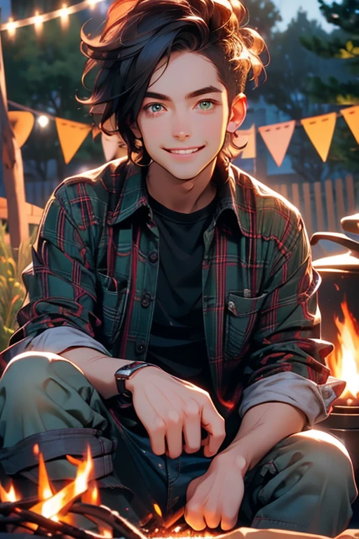 Perfect face. Perfect hands. A young black haired man with green eyes in a plaid shirt and jeans is smiling while making s'mores at night by a fire pit