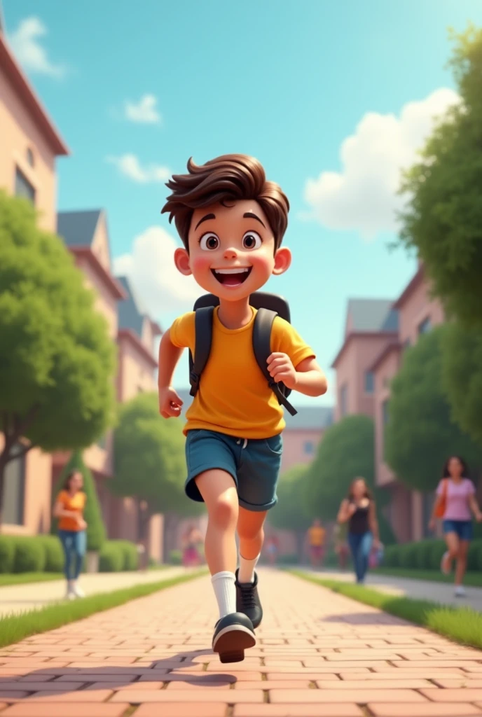 A running on campus,Wearing school uniform,carrying a bag,Smiling happy expression,Cartoon 3D style