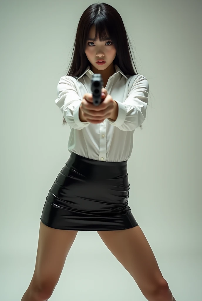 real beautiful sweet big eyes office lady japanese white shirt latex low mini skirt standing stance legs open wide spreading full portrait holding rifle gun pointing at you front facing aiming at you shooting range sexy legs
