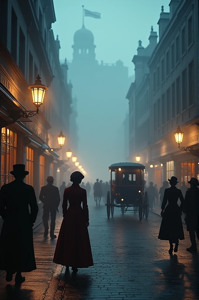 
A stunningly detailed 3D render of a foggy Victorian London street at night. The cobblestone path is illuminated by vintage streetlights. Horse-drawn
carriages clatter by, casting eerie shadows on the foggy ground. People in period attire, dressed in fashionable Victorian clothing, hurry to their destinations or pause to admire the shop windows. The atmosphere is both bustling and mysterious, with the fog adding a sense of intrigue and drama to the cinematic scene.
