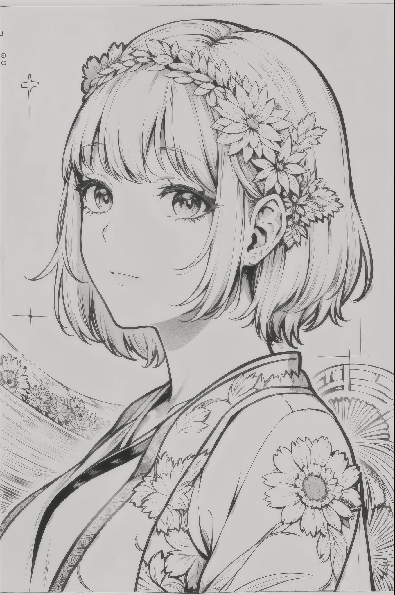 Masterpiece, top quality, one girl, beautiful facial features, short hair, white floral dress, Korean model pose, simple large hair accessory, simple temple wall in background, monochrome, line drawing, Alps mountains.