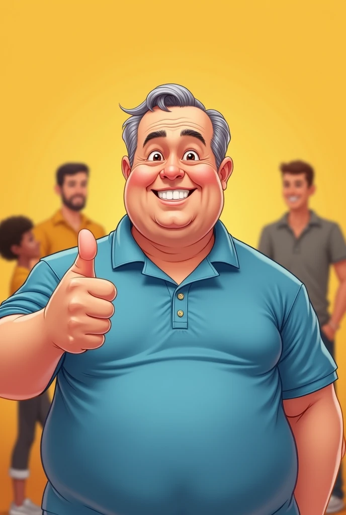Imagine a cartoon man of approximately (40 year old), with a slightly corpulent body. He is “bald” on top of his head, but has dark gray hair on the sides, your face is normal and not angry. He is wearing a blue polo shirt, and the bottom of the shirt is a little loose. He is smiling and giving a thumbs up with his right hand.. THE BACKGROUND IS SIMPLE, maybe a yellow color with some people in yellow in the background, so as not to divert attention from the character.