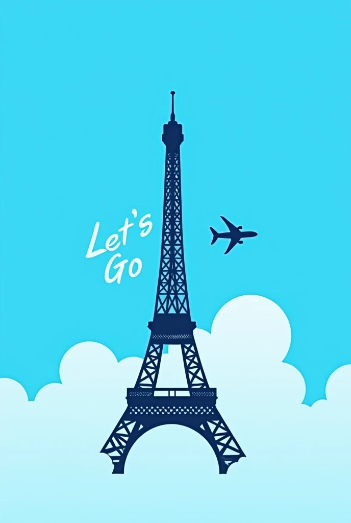 un logo simple de tourisme dans paris avec la tour eiffel et un seul avion de facon moderne et aerien en fond bleu ciel avec ecrit Let's go et l'arc de triomphe