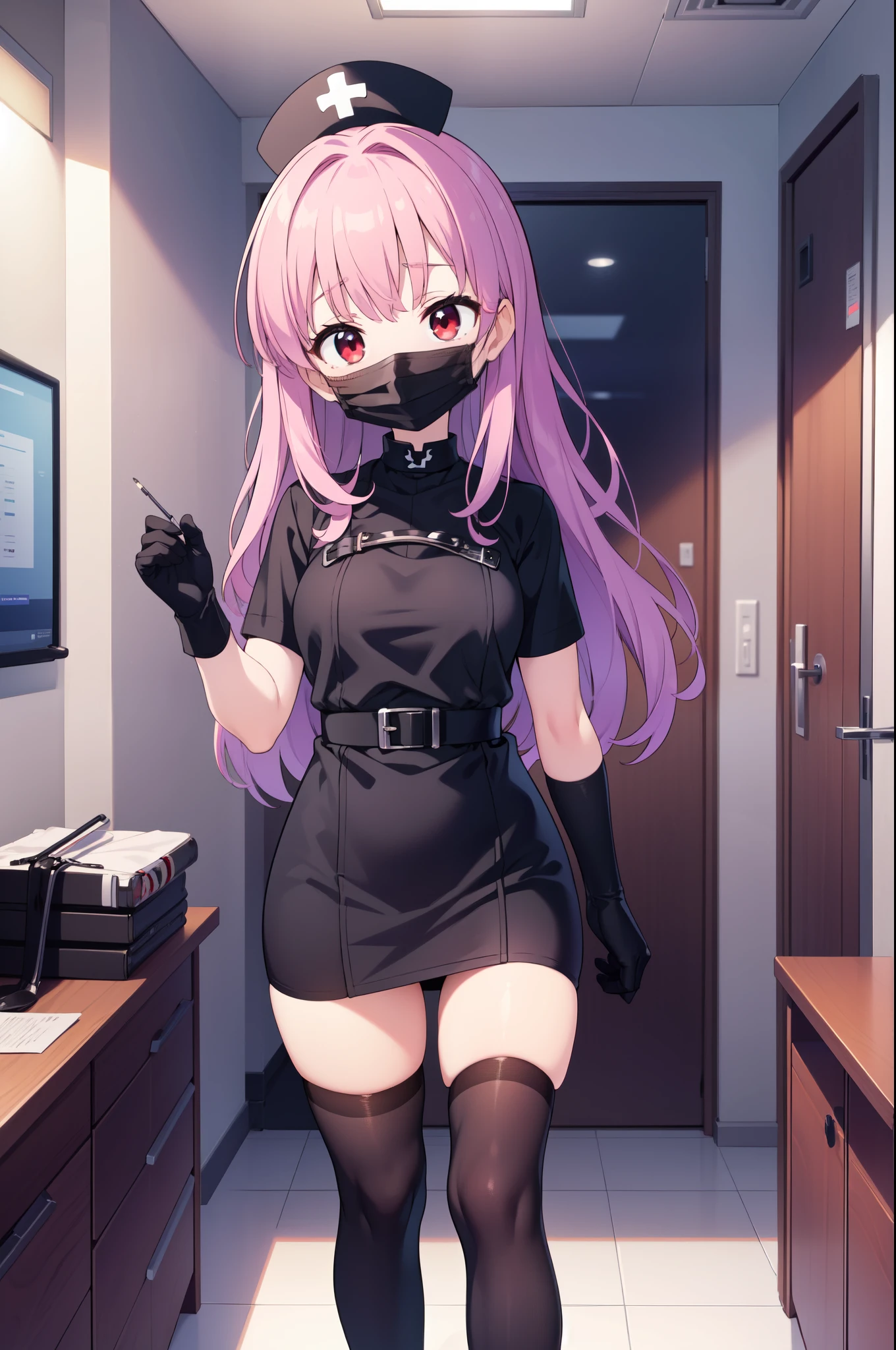 black nurse, 1woman, solo, black nurse cap, black nurse uniform, ((black legwear, zettai ryouiki)), black elbow gloves, long hair, purple hair, red eyes, ((black surgical mask, covered nose)), standing, ((surgery room)), sharp outline, short sleeves, mature female, 35yo, best quality, masterpiece