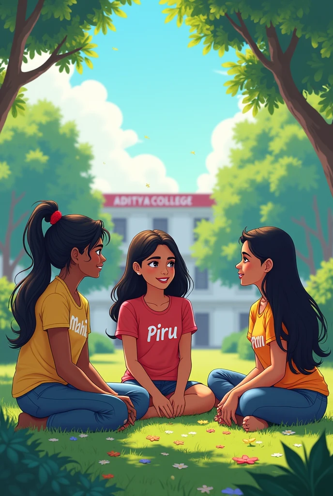 3 ladkiya or ek ladka ek garden me beth kar baate kar rahi hai , ek ladki ke shirt par mahi likha hua hai or mahi thodi moti si hai or ek ladki ki shirt par piru likha hua hai or piru ne chasma bhi laga rakha hai or ek ladki ki shirt par tannu likh hua hai or ek ladke ki shirt par ajey likha hua hai unke pichhe ek college hai us par aditya college ka banner lag hua hai iski Indian girl animetion me image banao 