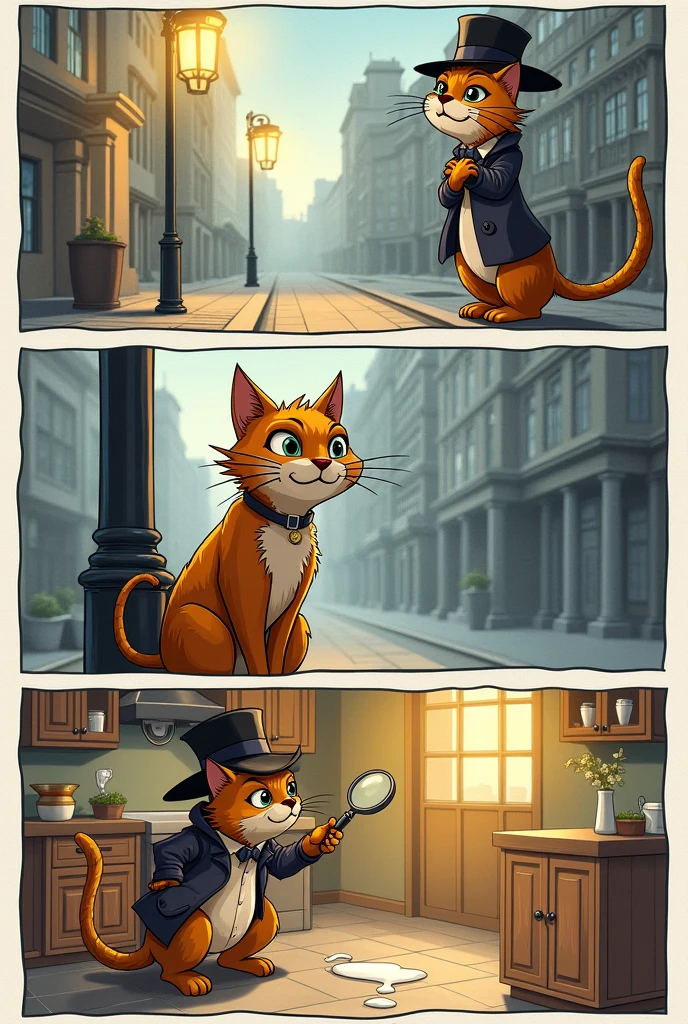Panel 3:
Setting: The street again. Macavity is leaning against a lamppost, looking innocent. Text Bubble (Macavity): "Did someone say something about a missing vase?"
Panel 4:
Setting: Inside a kitchen, where a bowl of milk is spilled. A detective cat is examining the scene with a magnifying glass.
Text Bubble (Detective Cat): "No clues. No evidence. Just the cat's usual mischief."
Panel 5:
Setting: Macavity is back in the shadows, tipping his hat and smirking.
Text Bubble (Macavity): "You can search high and low, but you'll never catch me!"