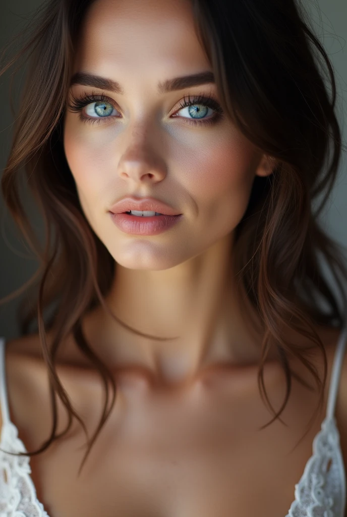 Femme brune yeux bleu de bleu full face qualiter 4k sans double manton et beaucoup maquillée avec des fausette