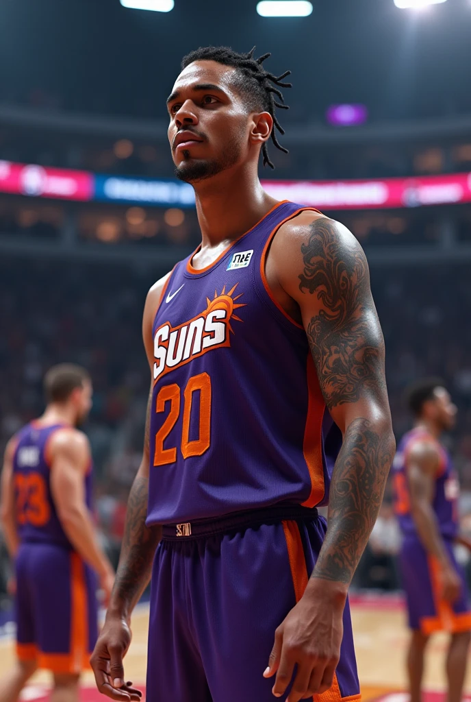 Basketball player, phoenix suns, Sleeve on the right arm, short braids on the head, male, shipowner