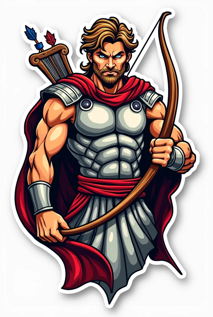Apollo in an armour, firing a bow and arrow .Make his face a little fierce. No background. Sticker style. Just show half his body. It has bold outline. He is holding a lyre also. He is facing to the front. It will be a logo so make the details simple.