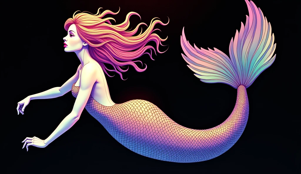 a colorful beautiful mermaid swimming on top of a black background, mermaid detailed, vibrant high contrast coloring, coloured with lots of colour, coloring book page, psychedelic colouring, colored in, perfect coloring, full of colors and rich detail, bright colors highly detailed, colourful highly detailed, neon coloring, detailed art in color, coloring book style, highly intricate and colorful