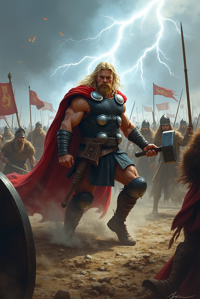 Thor fighting alongside Vikings against Saxon army.