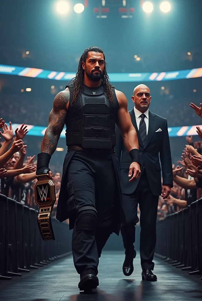 Roman Reigns approaching to the ring while paul Heyman smile with in his hand full of undisputed wwe champion