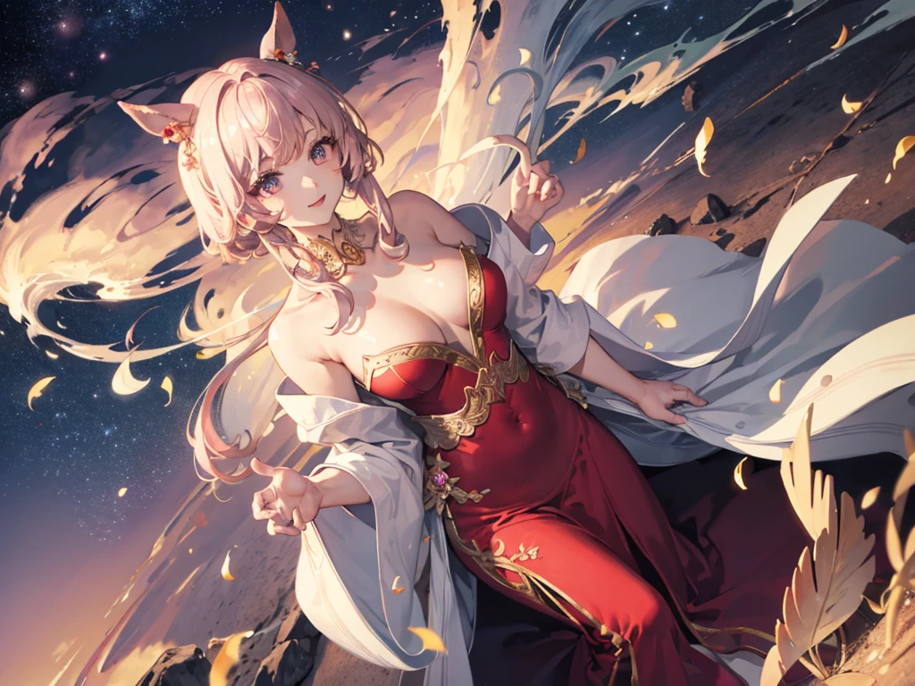 masterpiece, uhd, best quality, highres, 8k、shoot from above、upper body shot。solo、Alone、1Alone。Girl with horse ears、beautiful girl、low length、。Smile。Pink Lipstick、Beautiful breasts。Red Dress、Evening Dresses、Shoulder less、Feather coat、Attached sleeves。Hands on hips。breeze、cliff、Starry Sky。