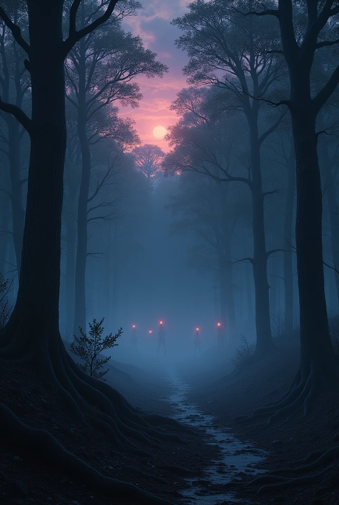 in a dense, shadowy forest at dusk, with towering ancient trees partially obscured by thick, swirling mist. The ground is uneven, with patches of overgrown roots and scattered leaves. In the background, faint glowing eyes from unseen creatures peer through the fog, adding an element of danger and mystery. The sky is a mix of dark purples and deep blues, with the last rays of sunlight barely piercing through the canopy. The scene is lit by a cold, eerie light, casting long, dramatic shadows. The overall atmosphere should be intense, with a sense of impending action or a climactic moment.