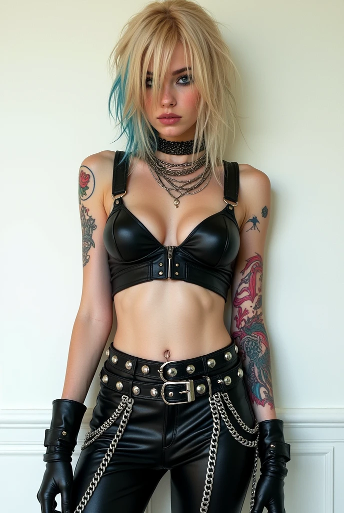 (raw photo, Best Quality), Cute cursed girl with blonde hair, (blonde), (hair over one eye), (white background), high light, Very dark eyeliner, jinxlol, Nice smile, beautiful face , charming, punk, way there, , young looking, hyper detailed face, detailed skin, dark heavy eyeliner, (huge oversized breast), (Thin waist, slender, skinny), ((tight leather pants, dirty and worn)), LowriseXL, ((belt bra)), ((lean against the wall)), (((three bullet belts))), (((three studded belts))), exposed abdomen, tattoos, ((navel piercing)), ((navel piercing)), (thigh belt), leather arm sleeves, ((many hip chains)), ((rock hard abs)), put weight on one leg, Perfect eyes, pale skin, wet skin, ((Hair blue and red, blue and red)) (((harley quiin, harley quin))) white solid background, makeup