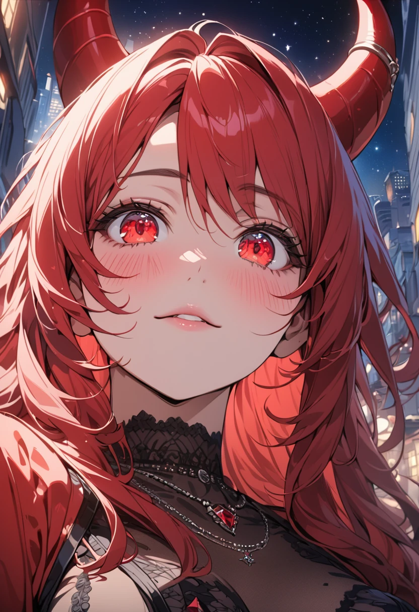 ((masterpiece)), ((best quality)), (ultra-detailed), ((extremely detailed)), 4K, (8K), best quality, (beautiful), anime style, close-up of face, detailed face, look up from below, focus on the face, city, town, night, Starry sky, a pretty woman, solo, demon, devil, beautiful red hair, beautiful red eyes, ((beautiful eyes)), long hair, lip, garter belt, horn, wings, necklace, light smile, blush, wind effect