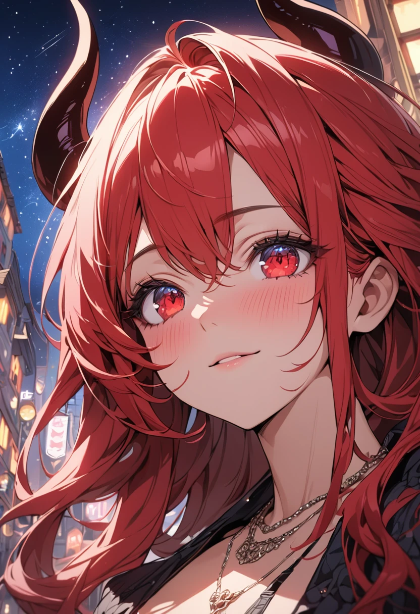 ((masterpiece)), ((best quality)), (ultra-detailed), ((extremely detailed)), 4K, (8K), best quality, (beautiful), anime style, close-up of face, detailed face, look up from below, focus on the face, city, town, night, Starry sky, a pretty woman, solo, demon, devil, beautiful red hair, beautiful red eyes, ((beautiful eyes)), long hair, lip, garter belt, horn, wings, necklace, light smile, blush, wind effect
