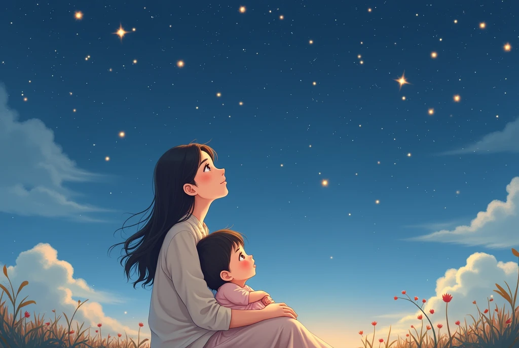 Look up at the stars,Cartoon,可爱Cartoon,可爱Cartoon风格,maternal love,Cute illustration,Clean anime art,Simple background