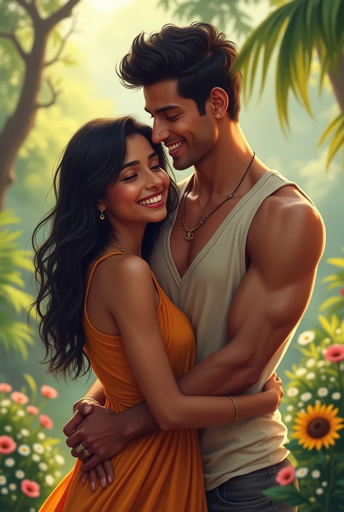 A 1 beautiful Indian girl with white skin tone, shoulder length black hair laughing with her 1 tall handsome boyfriend, 6 inches taller than her, with toned muscles and sleeveless shirt hugging her from back and making her laugh with beautiful nature scenery in background 