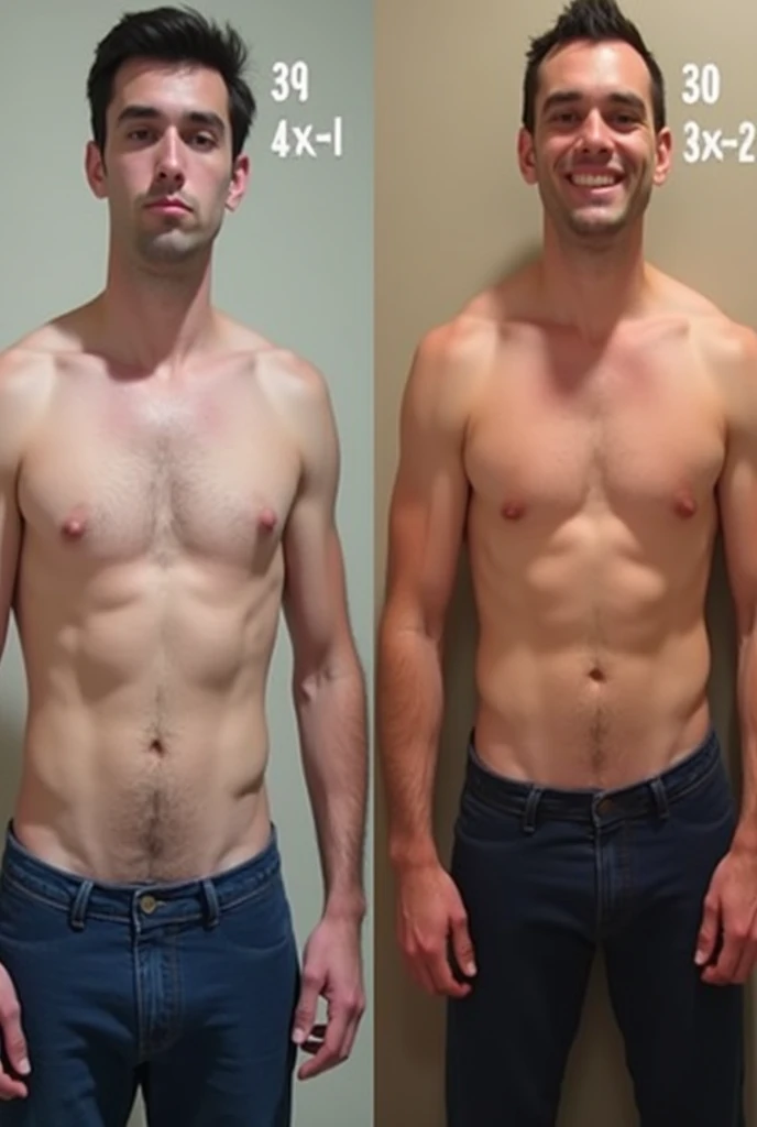 The image shows a transformation comparison with two side-by-side pictures of the same person, labeled "Day 1" on the left and "Day 30" on the right.Day 1: The person appears slimmer and is noted to weigh 45 kg. His facial expression is neutral, and he has a lean, slightly muscular build.Day 30: The person looks more muscular and defined, with a visibly larger physique. His weight is shown as 70 kg, and he has a more confident and smiling expression.The image highlights a significant transformation in physique over 30 days, suggesting weight gain and muscle development. The image also includes a timer icon, symbolizing the passage of time.