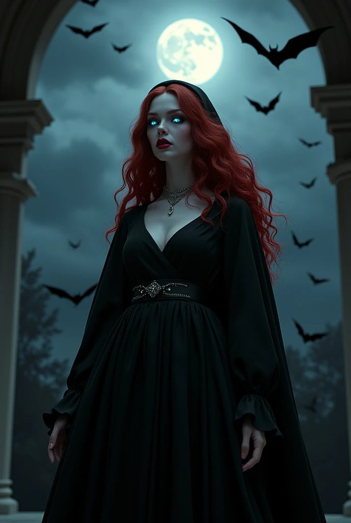 Beautiful photos of women (nun: 1.3) Vampire standing under the stars on the monastery porch, whole body, Dynamic Angle (Extremely detailed, masterpiece, best quality), Extremely detailed face (Extremely detailed, masterpiece, best quality), Extremely feminine, (Pale skin: 1.3), Red hair, curls, Dynamic eye color, Icy gaze, Glowing eyes, Focused gaze, Deep red lips, [Fangs], wearing white nun habit (Extremely detailed, masterpiece, best quality), Wearing a blue cape (Extremely detailed, masterpiece, best quality), Long cape, Flowing Cape (Extremely detailed, masterpiece, best quality), Wear high heel boots, Starry sky background, moon, Bats fly around, High Detail, best quality, 8K, [Extremely detailed], masterpiece, best quality, (Extremely detailed), whole body, Ultra wide-angle shooting, Photorealism, Dark Fantasy Art, Dark Fantasy Art, Gothic art, Many stars, Dark Fantasy Art, Gothic art, Feelings of fear, Blood Magic