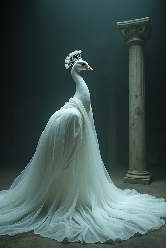 white peacock wrapped around in a cloth with black background and a vintage column