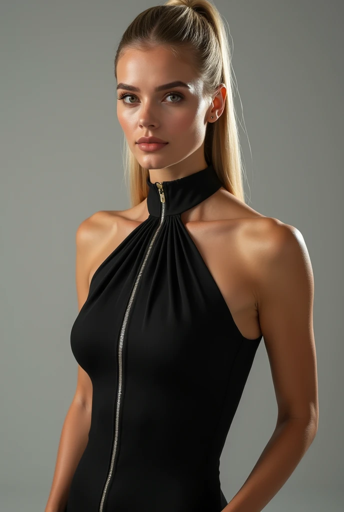 a very realistic and detailed photo of Ester Exposito, tight black dress, perfect makeup, long straight sleek blonde ponytail hair, high quality, photorealistic, 8k, luxury, elegant, sophisticated, confident, studio lighting, cinematic, glowing skin, piercing eyes, full lips, sharp focus