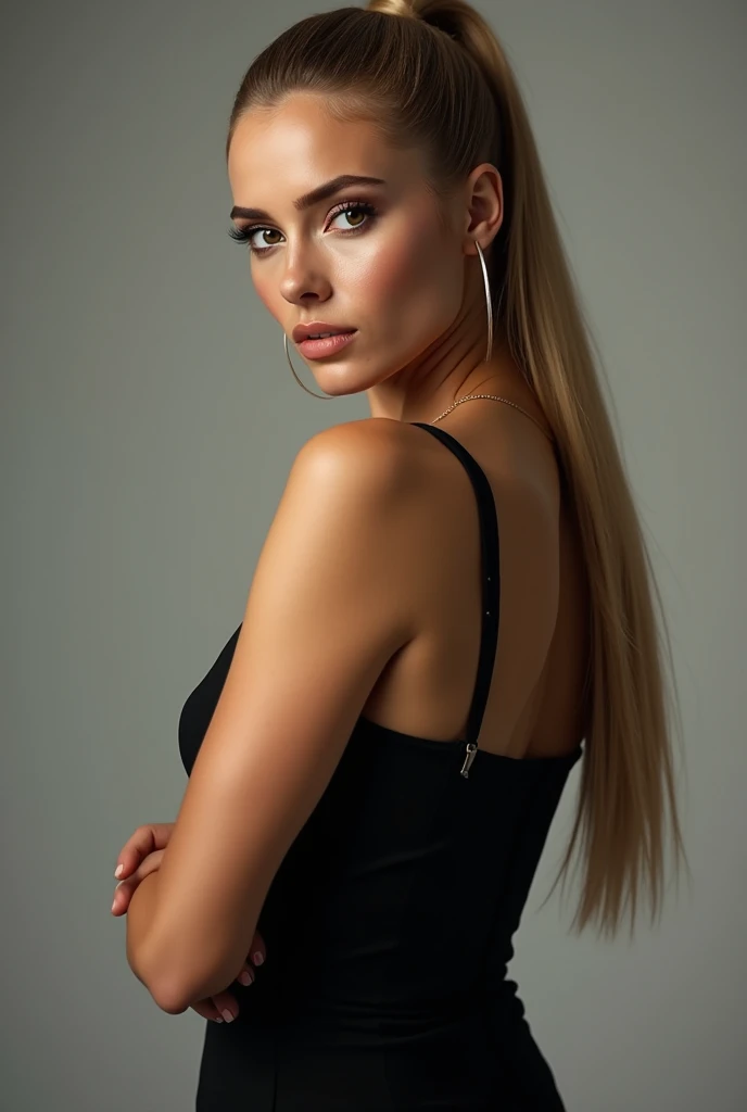 a very realistic and detailed photo of Ester Exposito, tight black dress, perfect makeup, long straight sleek blonde ponytail hair, high quality, photorealistic, 8k, luxury, elegant, sophisticated, confident, studio lighting, cinematic, glowing skin, piercing eyes, full lips, sharp focus