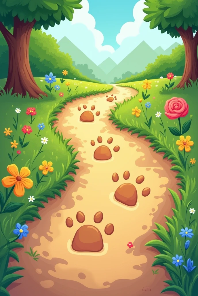 Three dog paw prints on a path with grass and flowers around with a human hand print on the path. Version cartoon