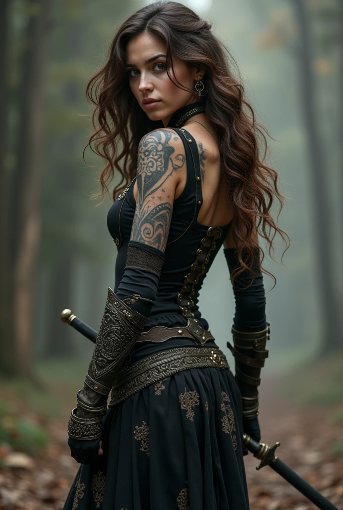 Assassin warrior, Long curly brown hair, eyes black, skin fair, mistic tattoos, lightweight armour