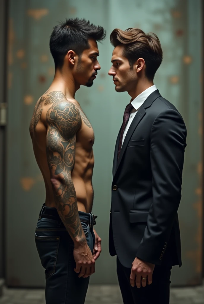 An Asian man, wearing no shirt, with tattoos, muscular and tall, back to american man, with formal clothes, brown hair and youthful appearance, They have their backs to each other