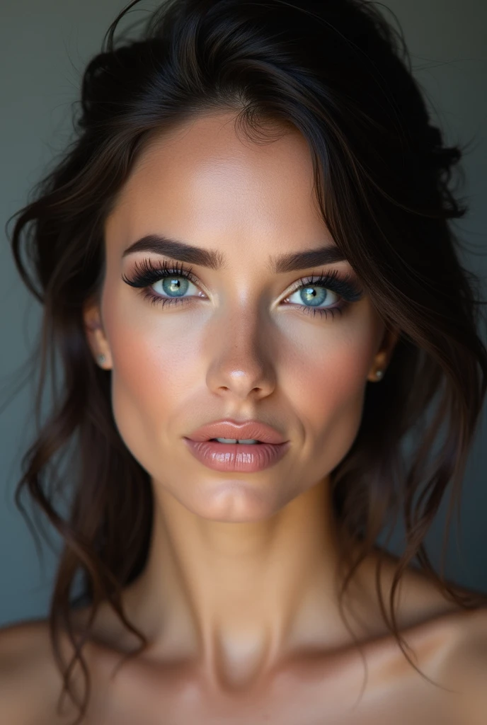 Femme brune yeux bleu de bleu full face qualiter 4k sans double manton et beaucoup maquillée avec des fausette Tipe latina