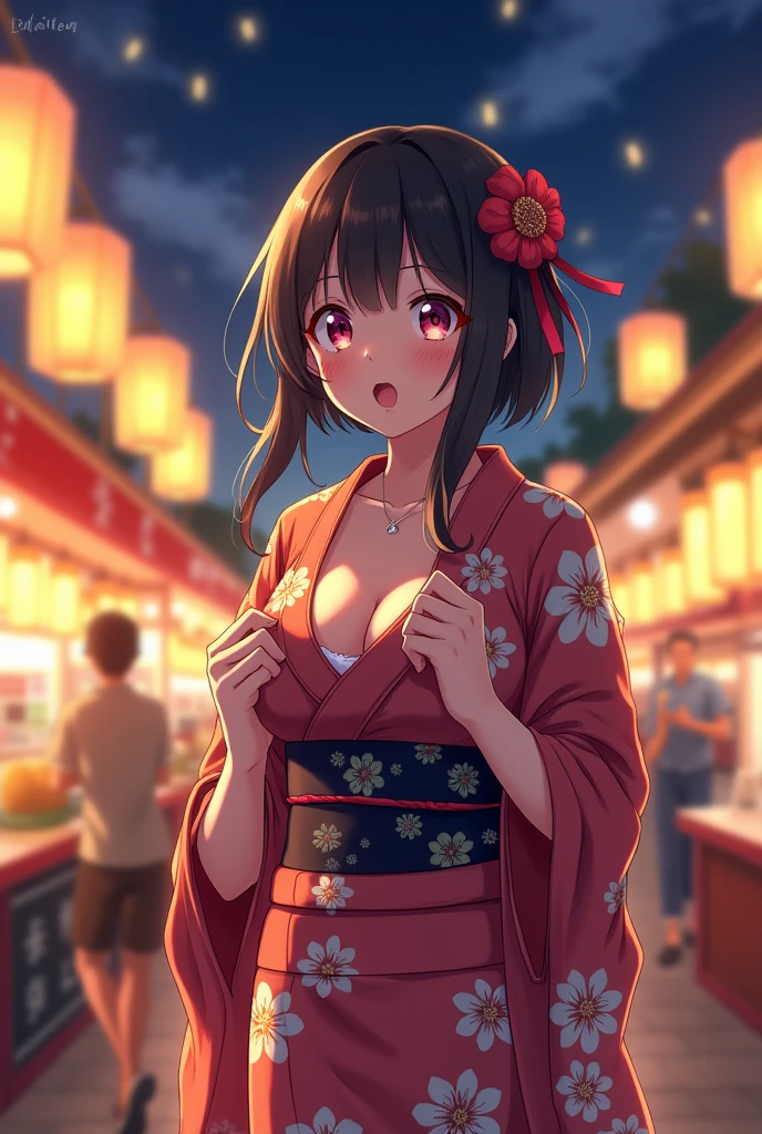 yukata,yukataがはだける,Excited,woman,Big Breasts,festival,night,stall,Watagashi,high quality,anime,