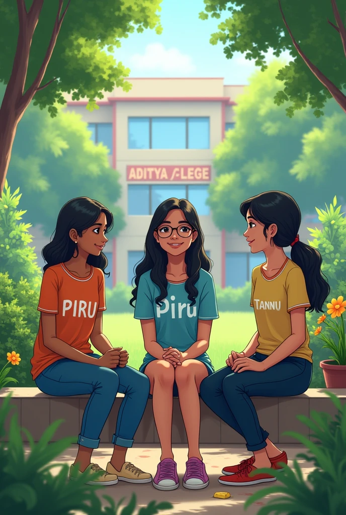 3 ladkiya or ek ladka ek garden me beth kar baate kar rahi hai , ek ladki ke shirt par mahi likha hua hai or mahi thodi moti si hai or ek ladki ki shirt par piru likha hua hai or piru ne chasma bhi laga rakha hai or ek ladki ki shirt par tannu likh hua hai or ek ladke ki shirt par ajey likha hua hai unke pichhe ek college hai us par aditya college ka banner lag hua hai iski Indian girl animetion me image banao
