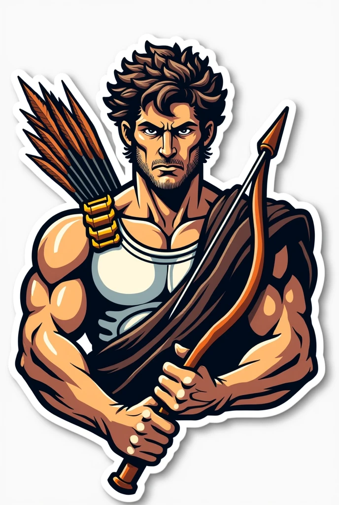 Apollo in an armour, firing a bow and arrow .Make his face a little fierce.  No background. Sticker style. Just show half his body. It has bold outline. He is holding a lyre also. He is facing to the front. It will be a logo so make the details simple.