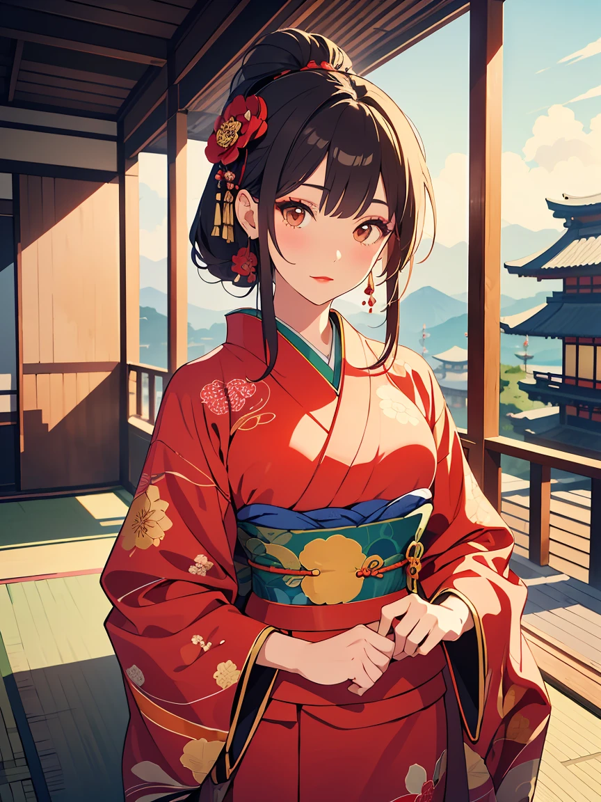 "Create an image of an elegant Oiran, a high-ranking courtesan from the Edo period of Japan. She should be dressed in a luxurious and elaborate kimono, featuring intricate patterns of gold, red, and black. The kimono should have multiple layers, with the outermost layer being the most ornate. The Oiran's hair should be styled in a traditional shimada style, adorned with kanzashi (hairpins) and other decorative hair ornaments made of gold and jade. Her makeup should be pale with bold red lips and dark eyeliner, highlighting her sophisticated beauty.
The background should evoke the ambiance of a historical Japanese tea house or a street from the Yoshiwara pleasure district during the Edo period. Lanterns, screens with painted designs, and traditional architecture should add to the setting's authenticity. The Oiran should be depicted in a graceful pose, possibly holding a folding fan or standing with an air of quiet elegance, reflecting her high status and cultural refinement."