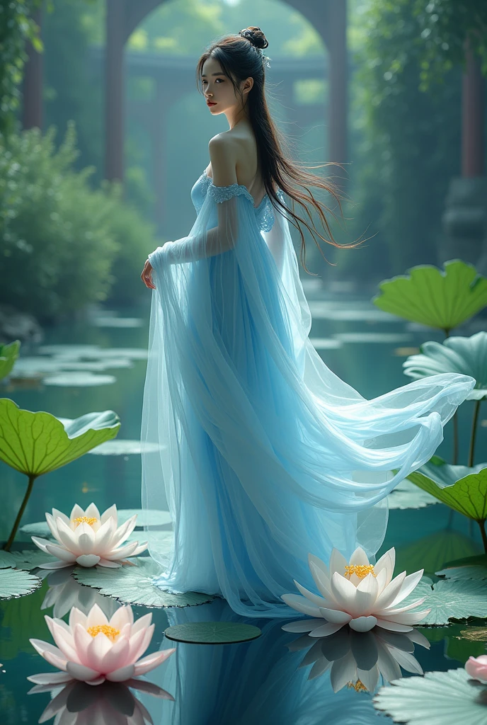 There is a blue dress, 16 long legs, Woman sitting on a rock in the water, Standing gracefully on a lotus flower, Heavenly Beauty, Wearing a blue Chinese dress, court, Girl in Han Dress, Wearing a blue Chinese dress, Summer is full of fairies, In the pond, White Hanfu, A surprisingly young and mysterious person, loose fitting dress, Light blue, Hair behind the ear  ,nude