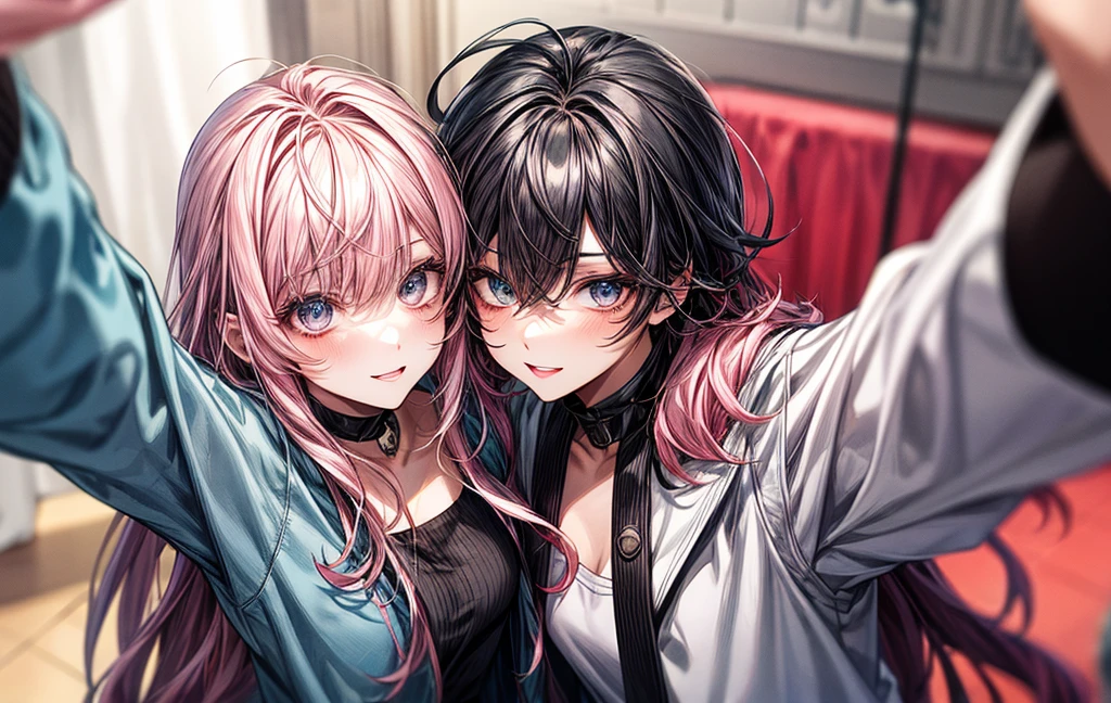 Male: blacl hair, female: pink hair, selfie