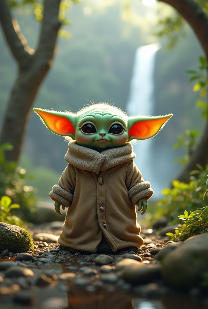 Almost realistic but incredible image of a  yoda with an incredible background to make it look cute 