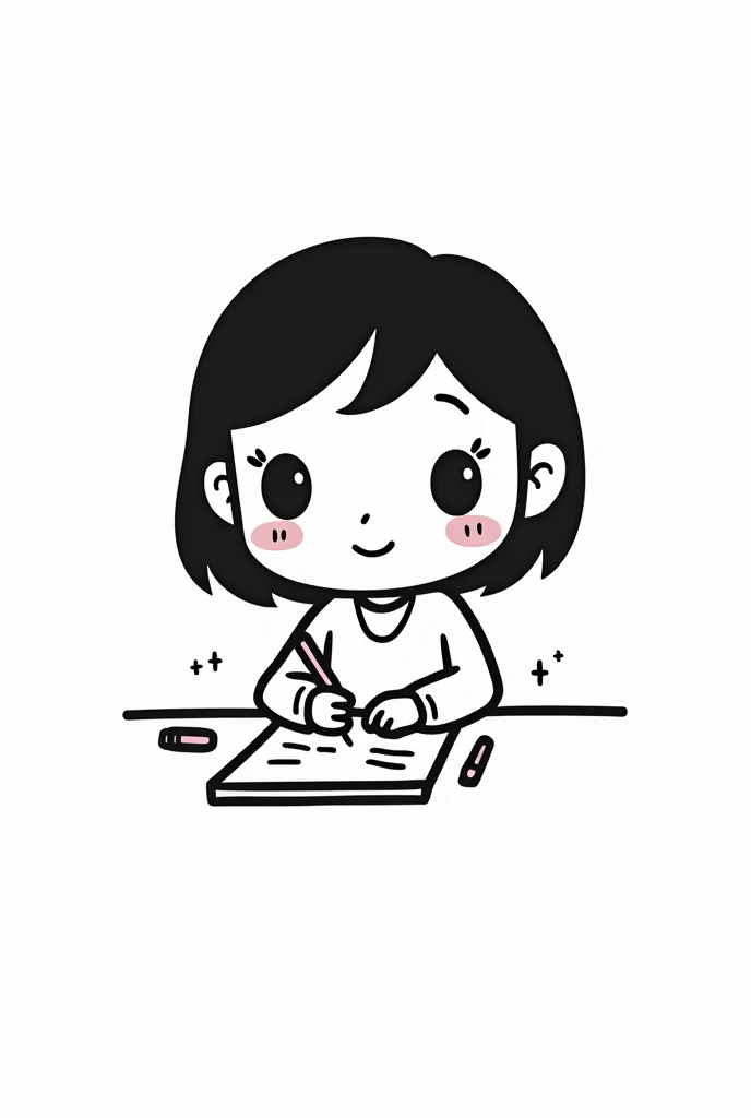 （Most of the background is solid white color.），Simple little cute cartoon girl, doodle, minimalist, black and white, writing
