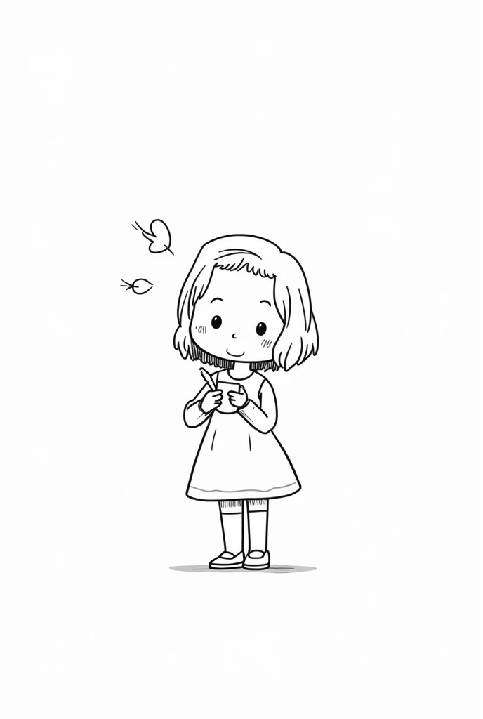 （Most of the background is solid white color.），Simple little cute cartoon girl, doodle, minimalist, black and white, writing