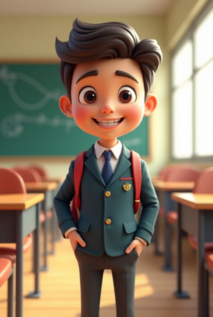 A standing in the classroom,Wearing school uniform,carrying a bag,Smiling happy expression,Cartoon 3D style