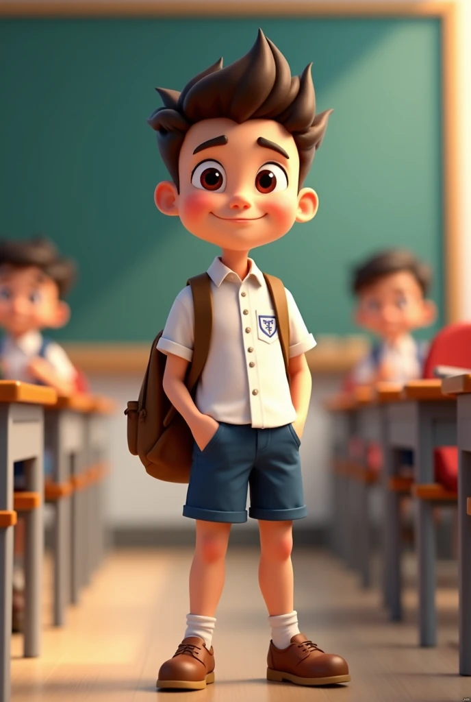 A standing in the classroom，Wearing school uniform，carrying a bag，Smiling happy expression，Cartoon 3D style