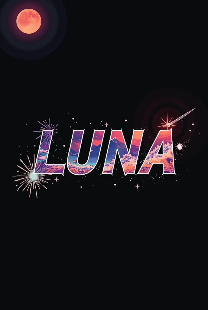 High resolution, logo spelling swiftly “Luna” cool, Jdm theme, anime theme, Cyberpunk vibe name spelling, brand logo, logo for tshirt, brand logo “LUNA”, neon vibes, acid trip vibes, acid trip, shooting stars, acid trip inside “LUNA”, acid trip, hallucinations inside “LUNA”, Waves of hallucinations, splash, waves of futuristic hallucinations, futuristic wave, stars in the background, red strange moon, waves of water and lone black trees, silver red star dust,