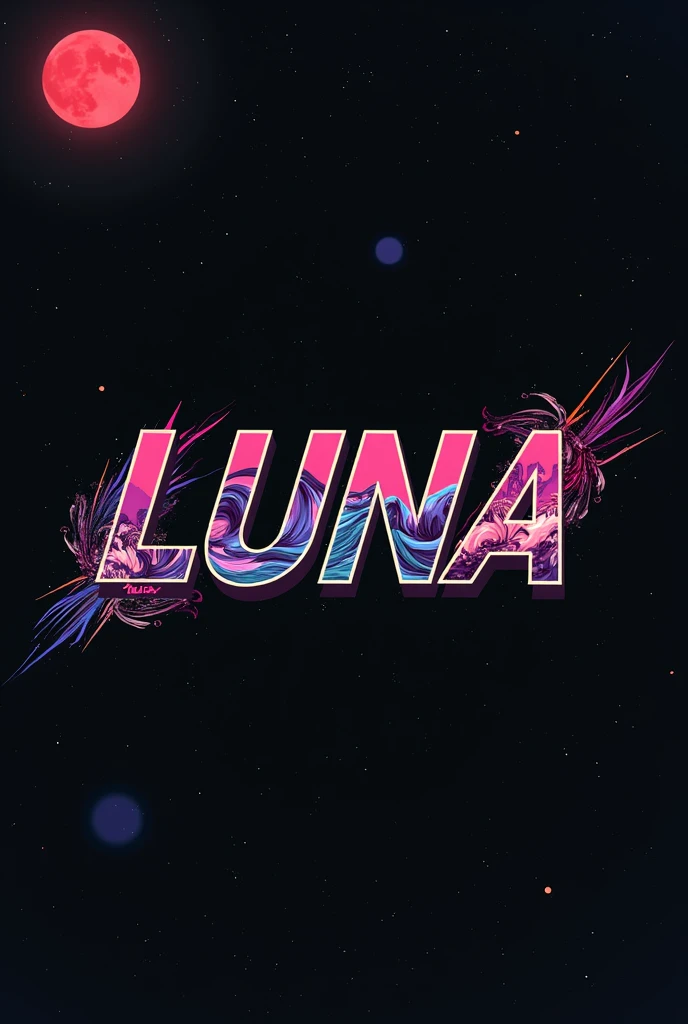 High resolution, logo spelling swiftly “Luna” cool, Jdm theme, anime theme, Cyberpunk vibe name spelling, brand logo, logo for tshirt, brand logo “LUNA”, neon vibes, acid trip vibes, acid trip, shooting stars, acid trip inside “LUNA”, acid trip, hallucinations inside “LUNA”, Waves of hallucinations, splash, waves of futuristic hallucinations, futuristic wave, stars in the background, red strange moon, waves of water and lone black trees, silver red star dust,